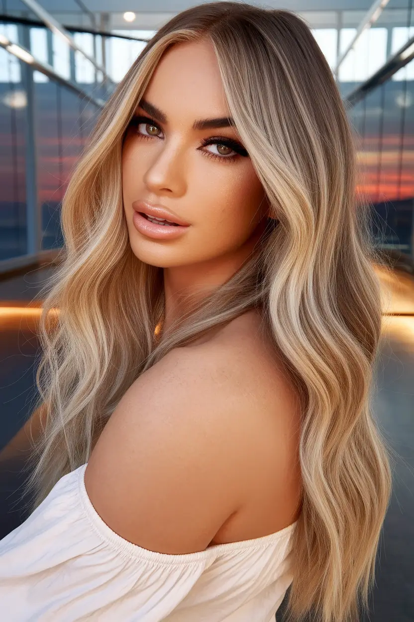 end of summer hair color ideas 2025 Golden Vanilla Waves for a Glow-Up
