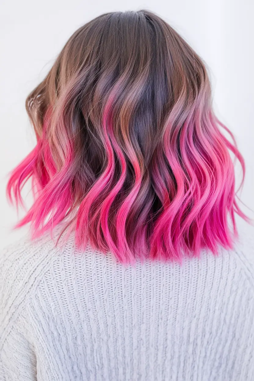 end of summer hair color ideas 2025 Brown to Neon Pink Ombre with Texture