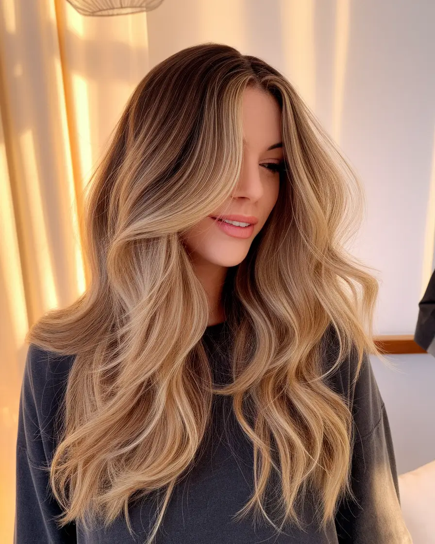 end of summer hair color ideas 2025 Toasted Honey Blonde Blowout