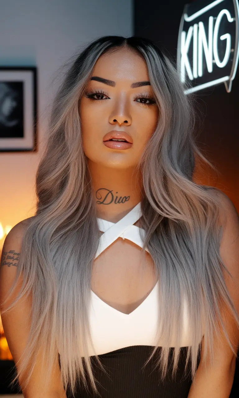 end of summer hair color ideas 2025 Silver Ash Melt for Edgy Elegance