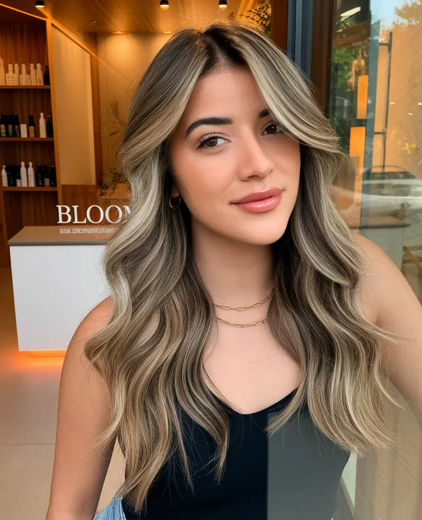 end of summer hair color ideas 2025 Bright Beige Balayage with Shadowed Roots