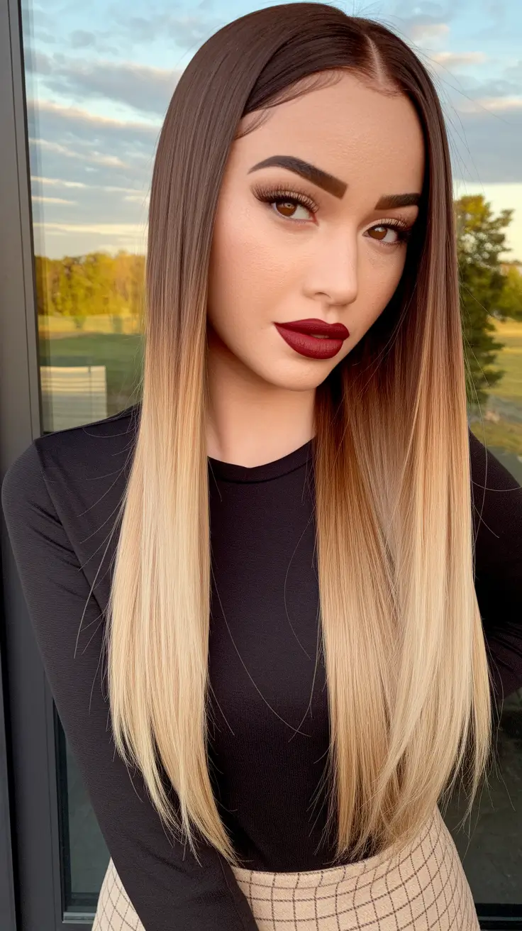 end of summer hair color ideas 2025 Rooted Honey Blonde Ombre