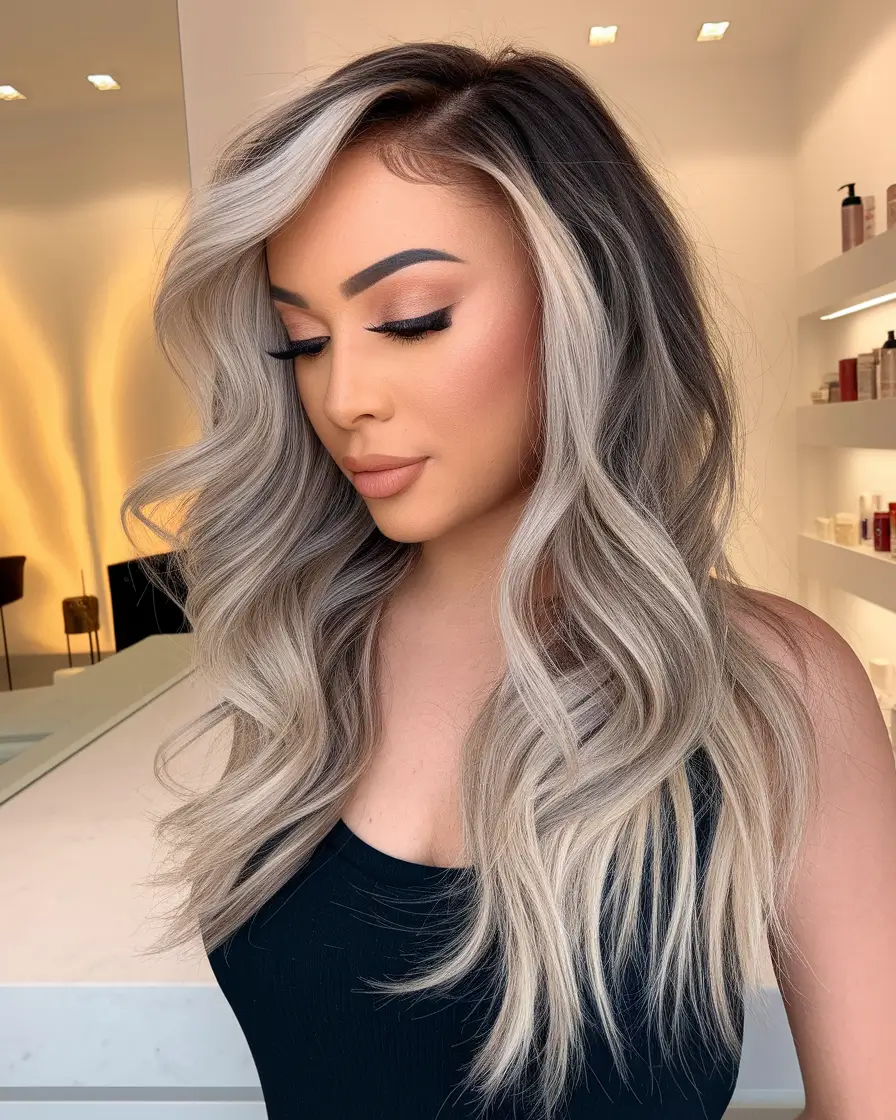 end of summer hair color ideas 2025 Ash Blonde with Deep Roots and High Contrast
