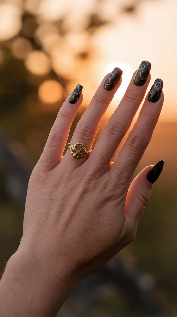 end of summer nails ideas 2025 Galactic Charcoal With Golden Swirls