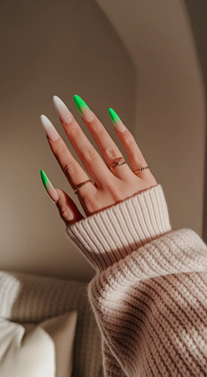 end of summer nails ideas 2025 Electric Green and White Ombré Tips
