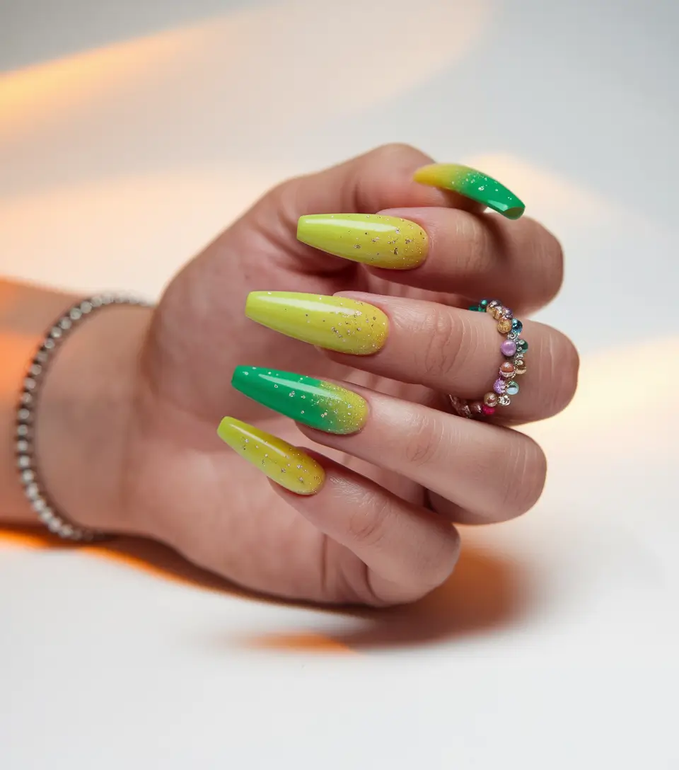 end of summer nails ideas 2025 Lemon-Lime Sparkle Fade