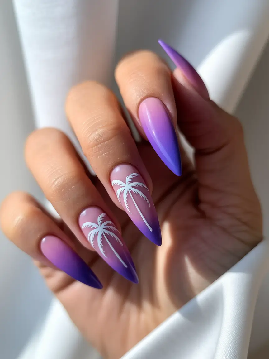 end of summer nails ideas 2025 Sunset Purple With Palm Silhouettes