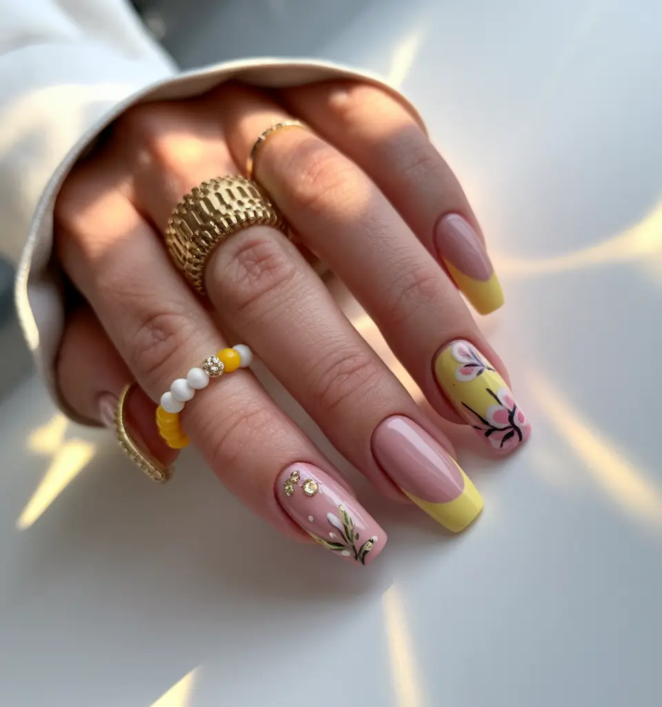 end of summer nails ideas 2025 Sunny Yellow French With Garden Blossoms