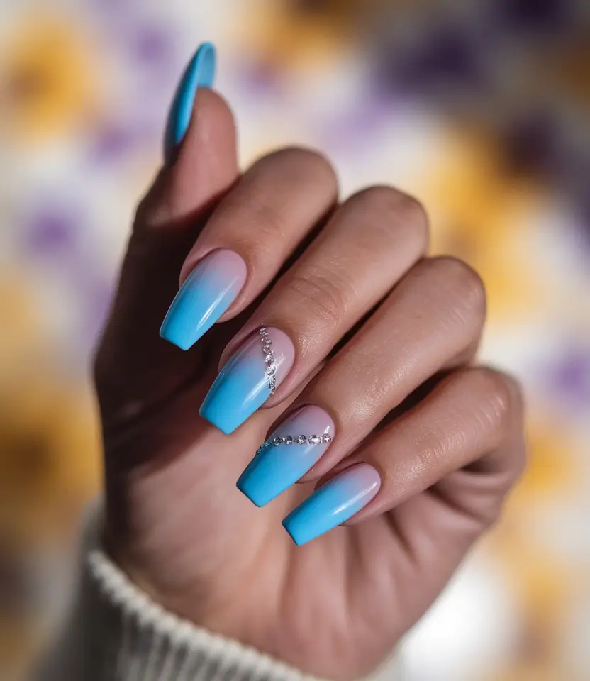 end of summer nails ideas 2025 Ocean Fade With Rhinestone Waves