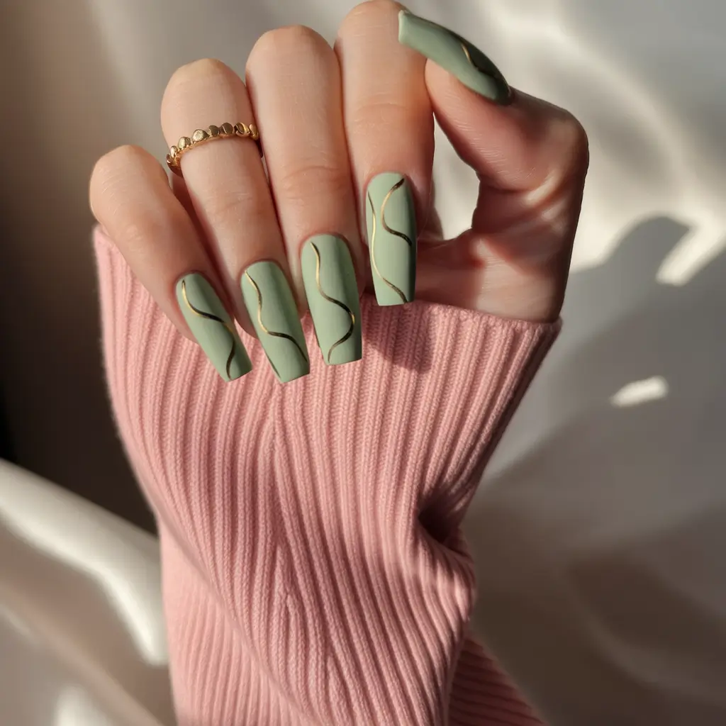 end of summer nails ideas 2025 Sage Green Matte With Golden Waves