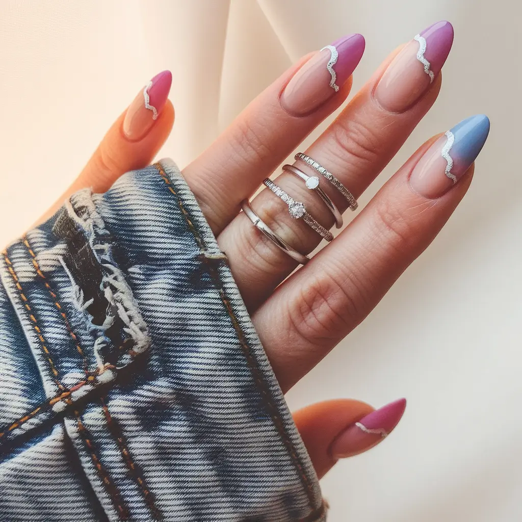 end of summer nails ideas 2025 Gradient Sunset Tips With Silver Zigzags
