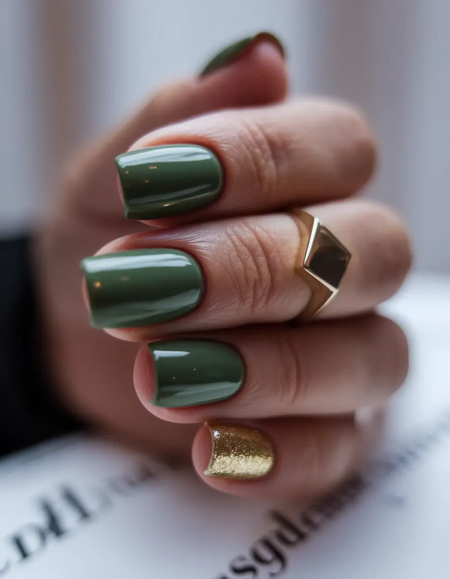 end of summer nails ideas 2025 Olive Gloss With Gold Accent