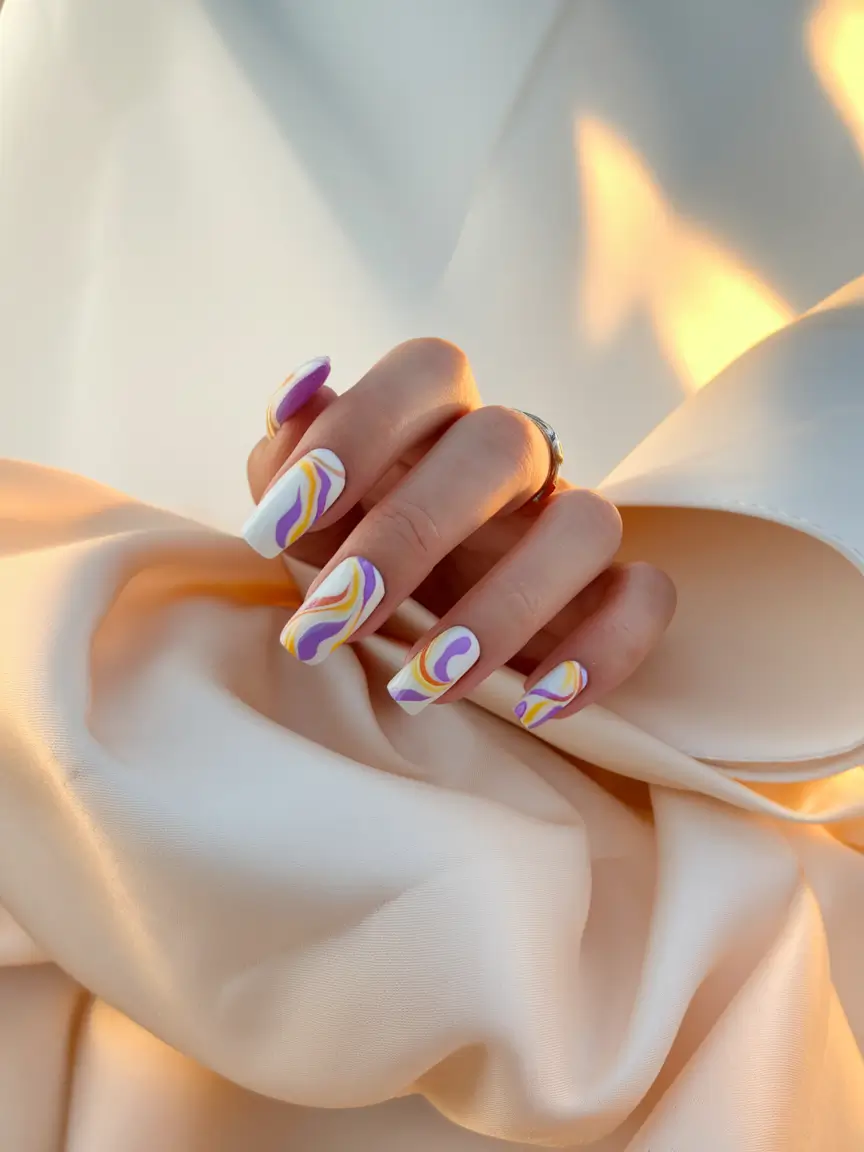 end of summer nails ideas 2025 Whimsical Swirls in Sunset Shades