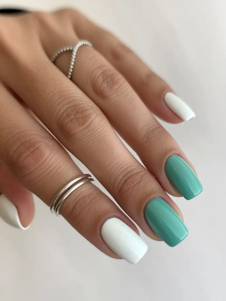 end of summer nails ideas 2025 White and Seafoam Contrast Combo