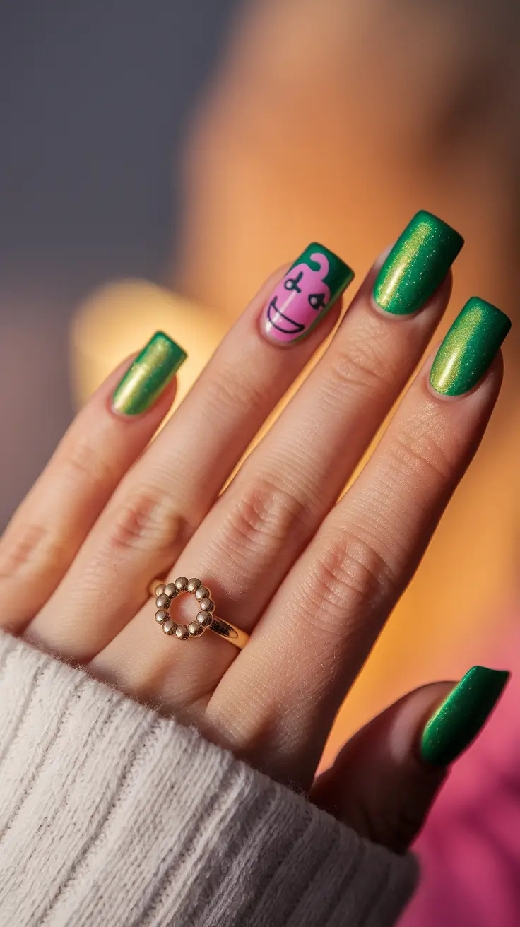 end of summer nails ideas 2025 Metallic Green With a Pop-Art Detail