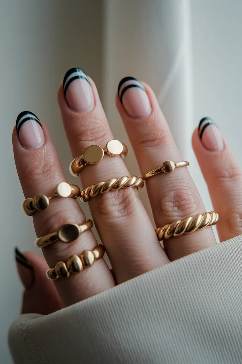 end of summer nails ideas 2025 Triple-Lined French in Midnight Tones