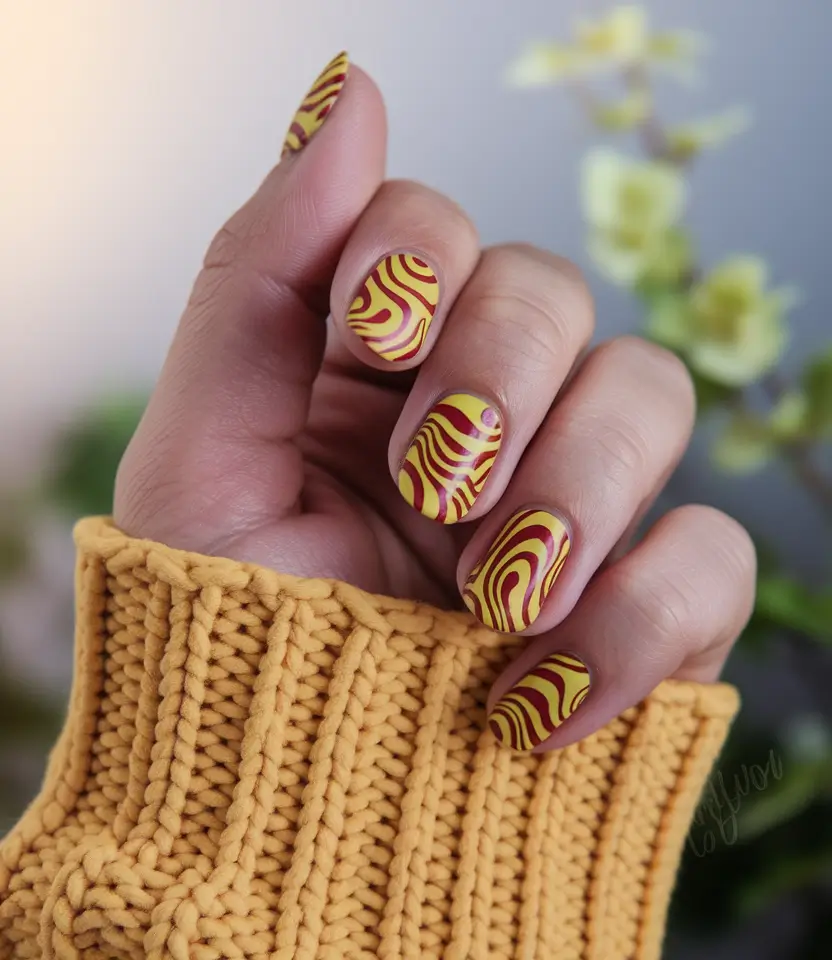 end of summer nails ideas 2025 Sun-Kissed Swirls in Yellow and Crimson