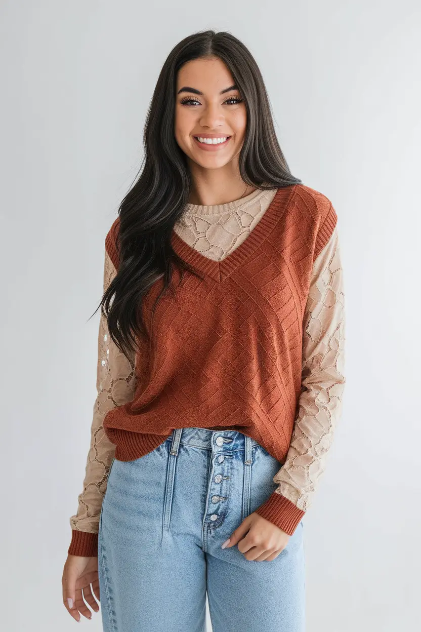 fall 2025 - trendy outfits ideas for women Warm Spice: Burnt Orange Sweater Vest Over Lace