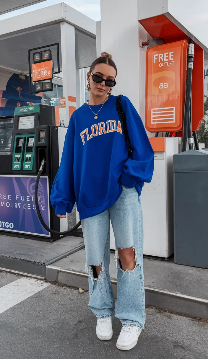 fall 2025 - trendy outfits ideas for women Weekend Uniform: Oversized Sweatshirt & Distressed Denim