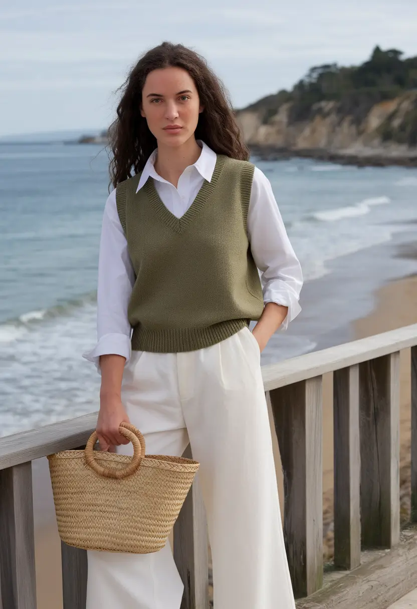 fall 2025 - trendy outfits ideas for women Seaside Academia: Knit Vest & Wide-Leg Trousers
