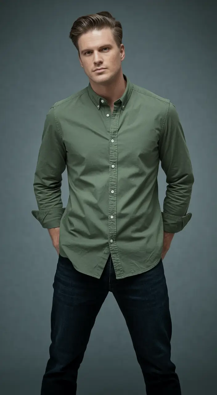 fall business casual outfits for men 2025 Sage Button-Down & Midnight Denim Simplicity