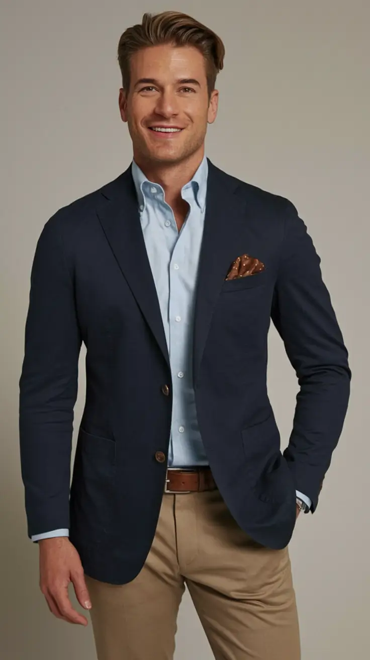 fall business casual outfits for men 2025 Navy Blazer & Khaki Balance
