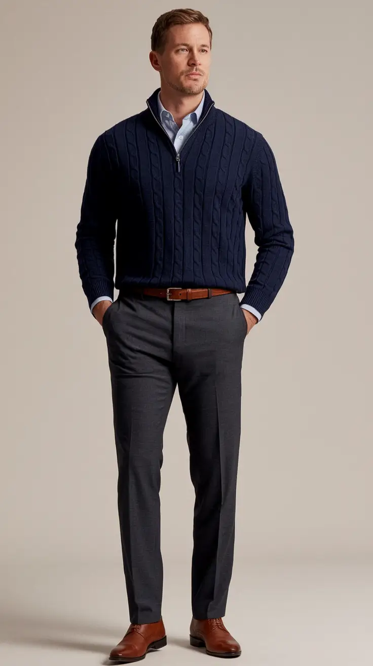 fall business casual outfits for men 2025 Cable-Zip Navy & Charcoal Precision