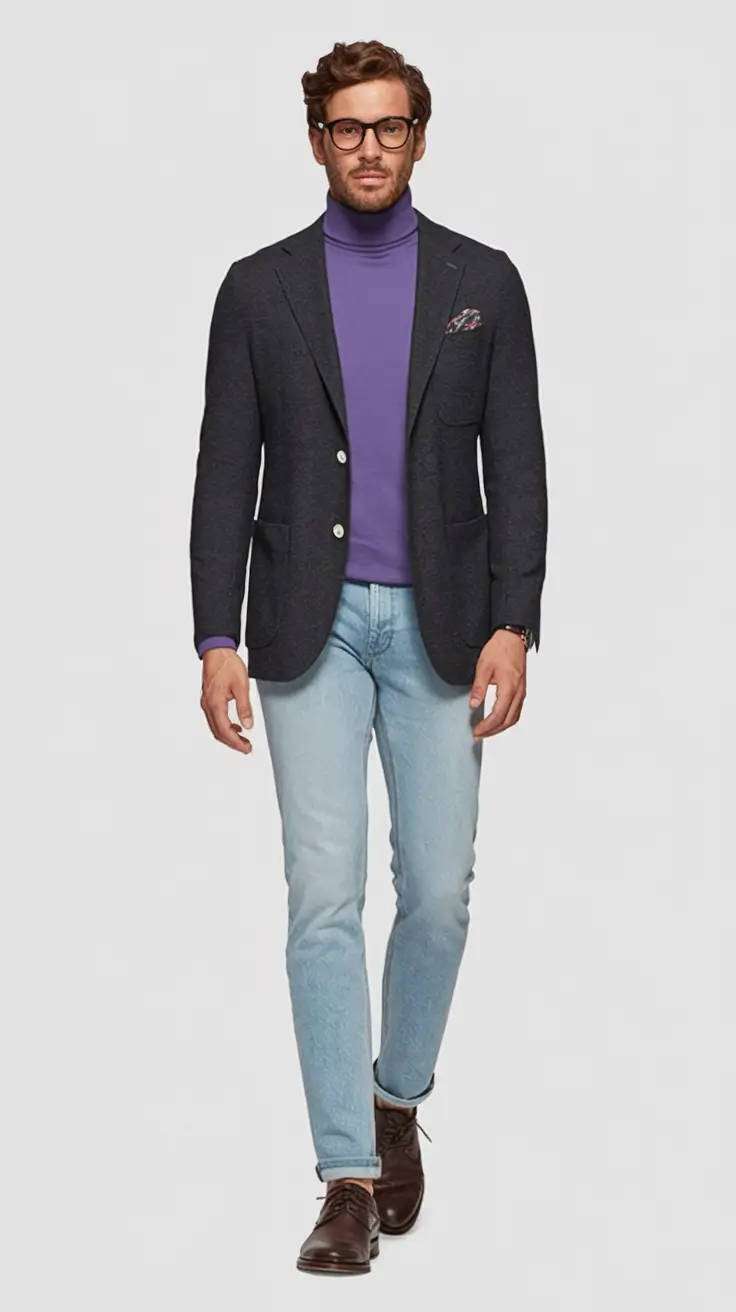 fall business casual outfits for men 2025 Purple Turtleneck Pop under Charcoal