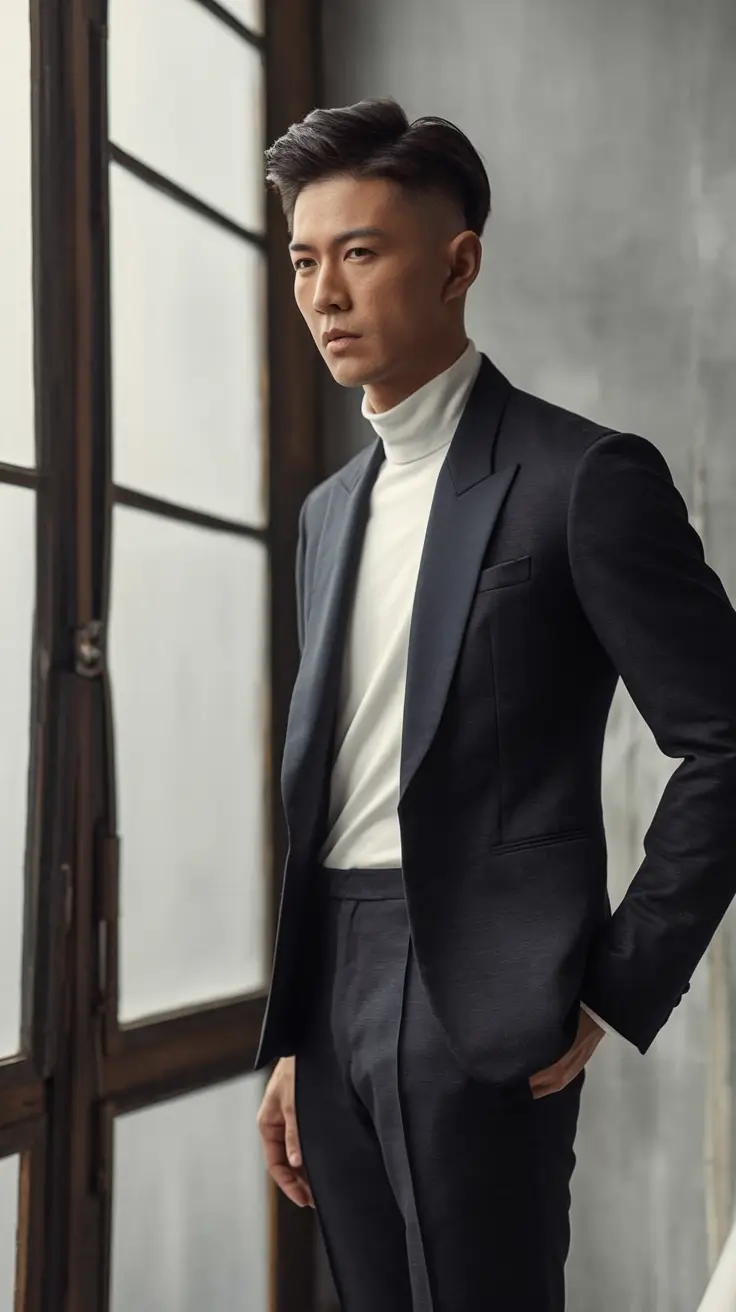 fall business casual outfits for men 2025 Monochrome Suit & Ivory Turtleneck Chic