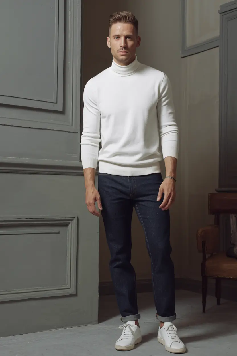 fall business casual outfits for men 2025 Crisp White Rollneck & Raw Denim Contrast