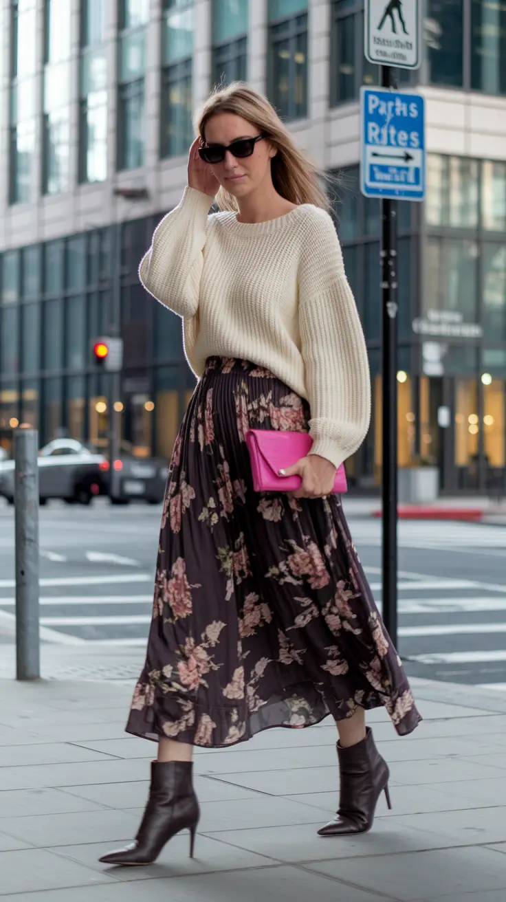 fall capsule wardrobe for 2025 Floral Pleats and Cozy Knits: Romance in the City