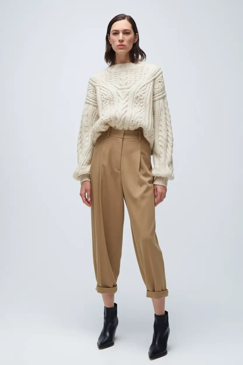 fall capsule wardrobe for 2025 Chunky Sweater & Tapered Trousers: The Soft Power Combo