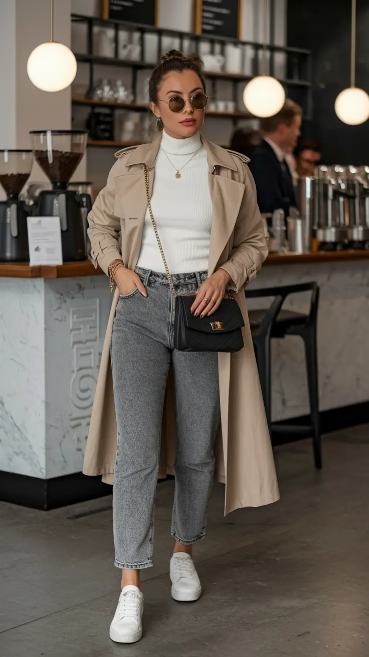 fall capsule wardrobe for 2025 Neutral Turtleneck & Trench: Café Core Chic