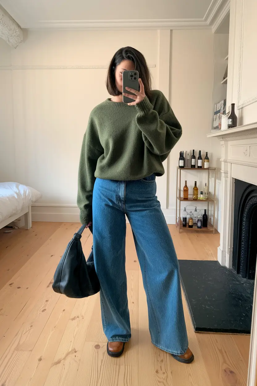 fall fashion inspo for 2025 Olive Green Layers and Wide-Leg Denim