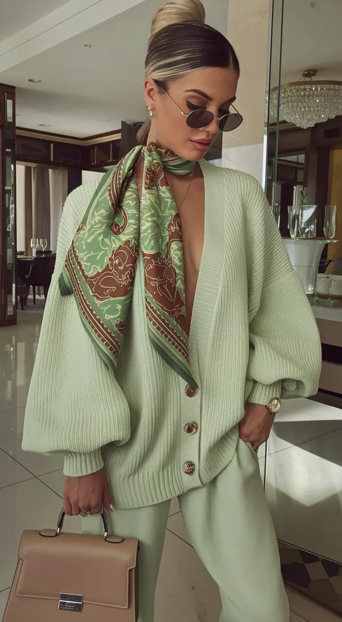 fall fashion inspo for 2025 Pistachio Knit and Silk Scarf Sophistication