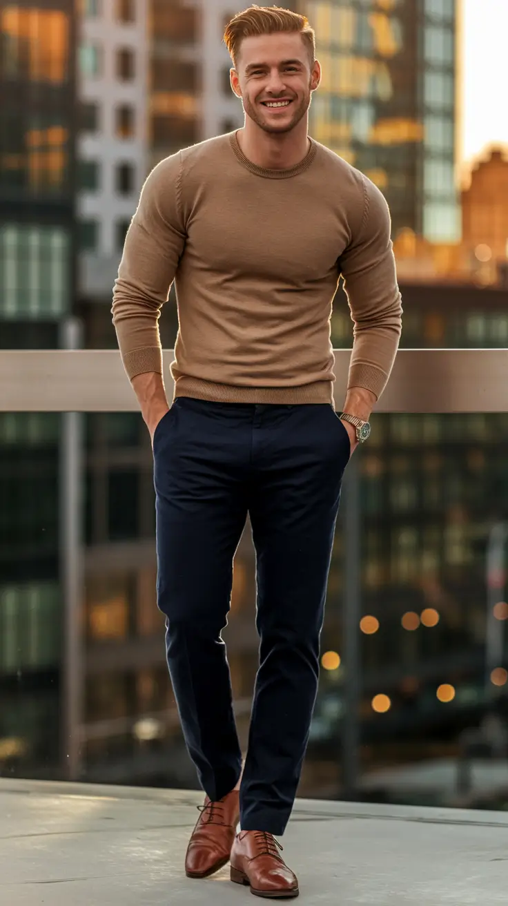 fall outfits for men 2025 Refined Casual in Camel and Navy