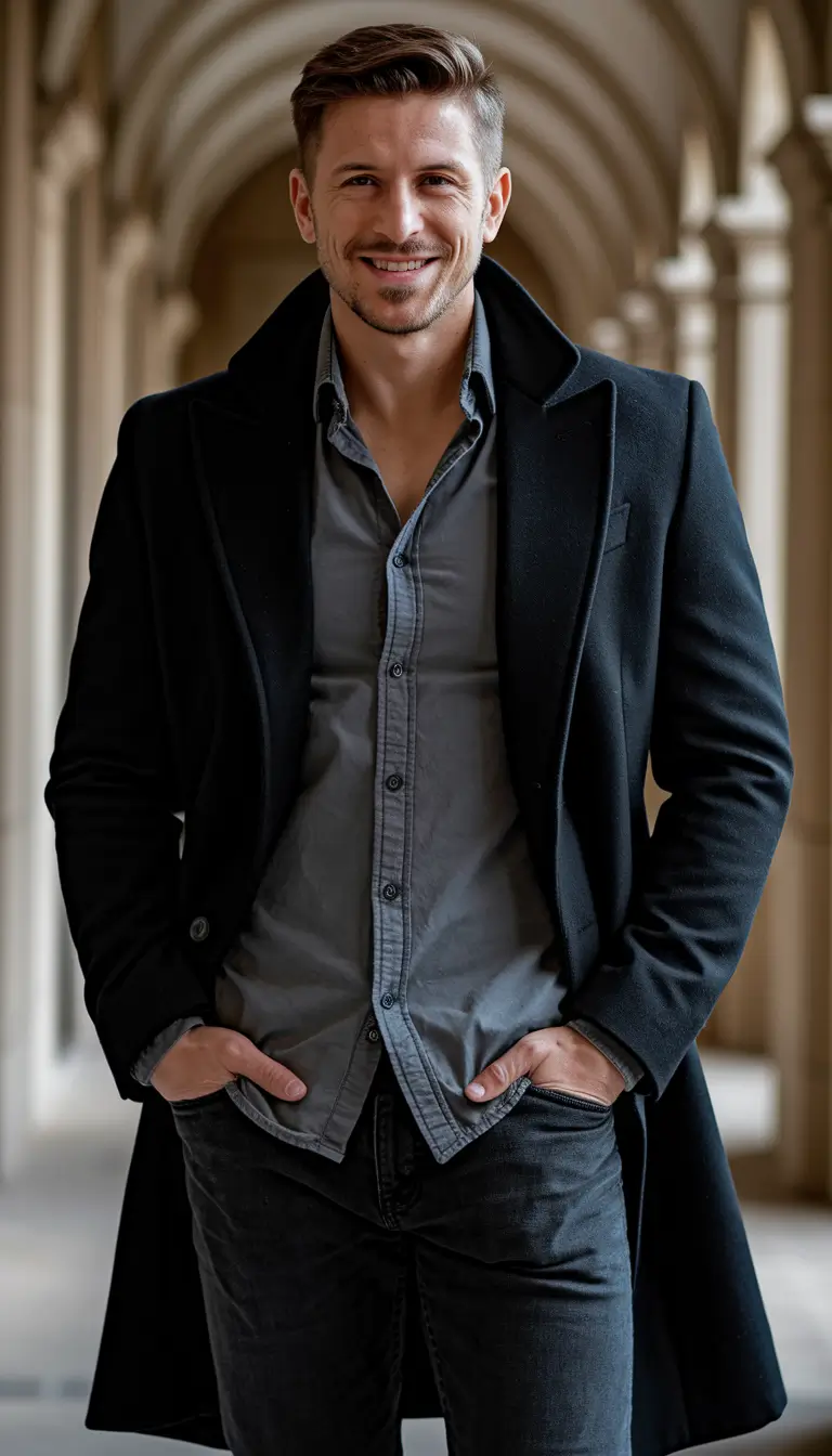 fall outfits for men 2025 All Black Tailored Overcoat