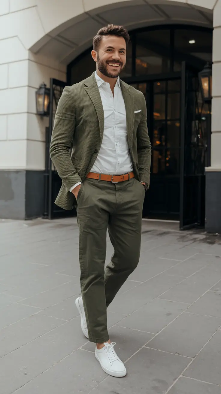 fall outfits for men 2025 Green Cord & White Kicks