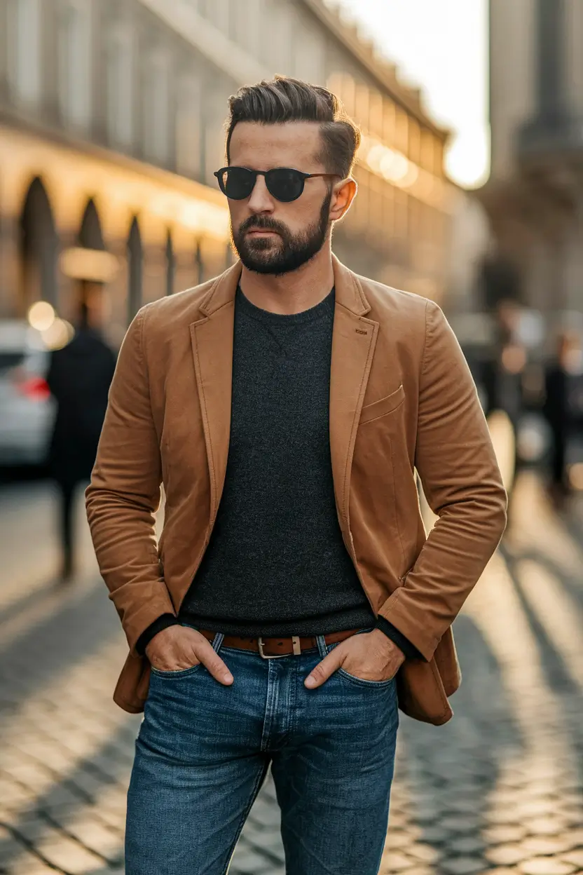 fall outfits for men 2025 Camel Blazer & Denim