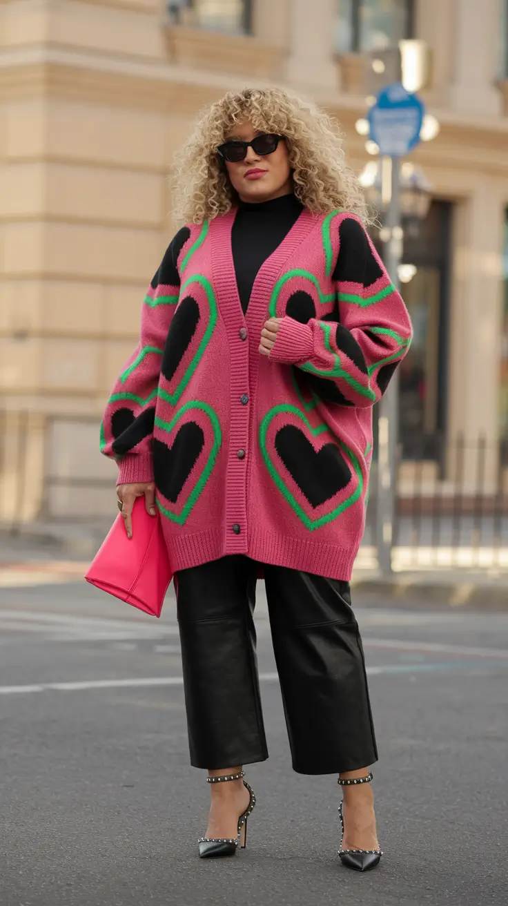 fall outfits ideas 2025 for plus size women Bold Layers & Pop Art Knit