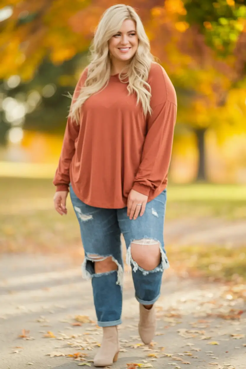 fall outfits ideas 2025 for plus size women Weekend Ease in Rust & Denim