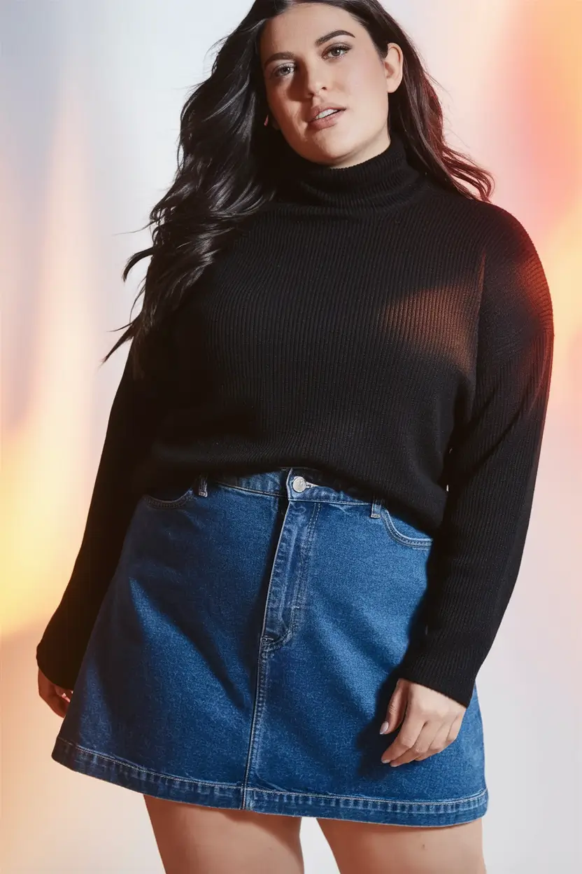 fall outfits ideas 2025 for plus size women 90s Revival: Denim Mini & Turtleneck Chic