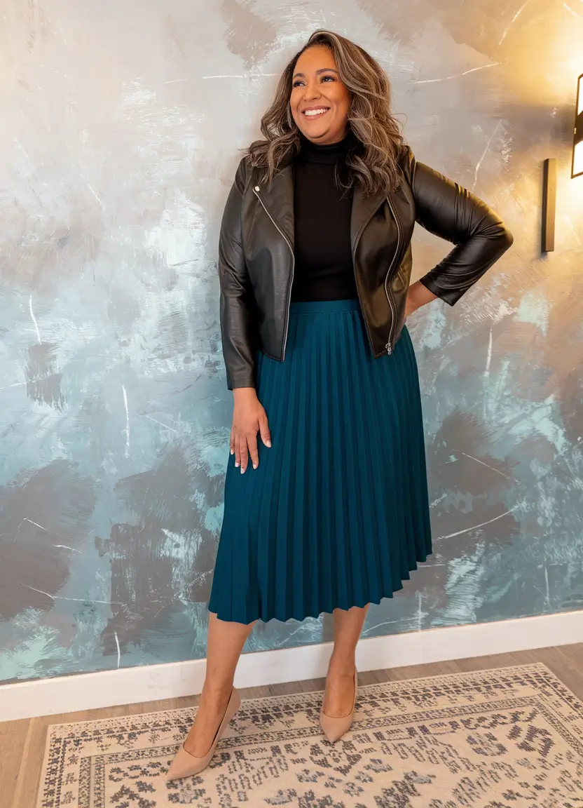 fall outfits ideas 2025 for plus size women Classic Pleats & Leather Cool
