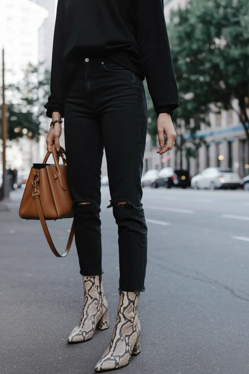 fall outfits with boots - trendy ideas 2025 Downtown Snake Print Cool