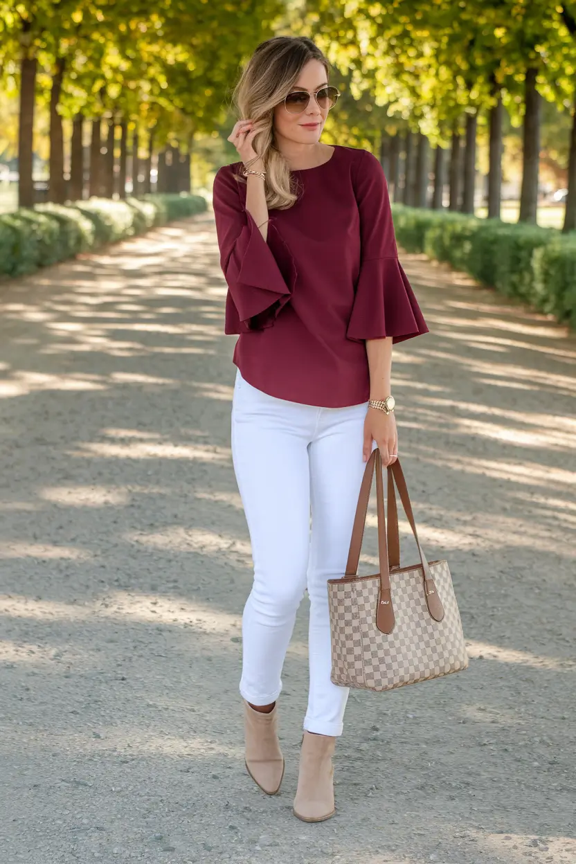 fall transition outfits ideas 2025 Merlot Sleeves & White-Denim Refresh