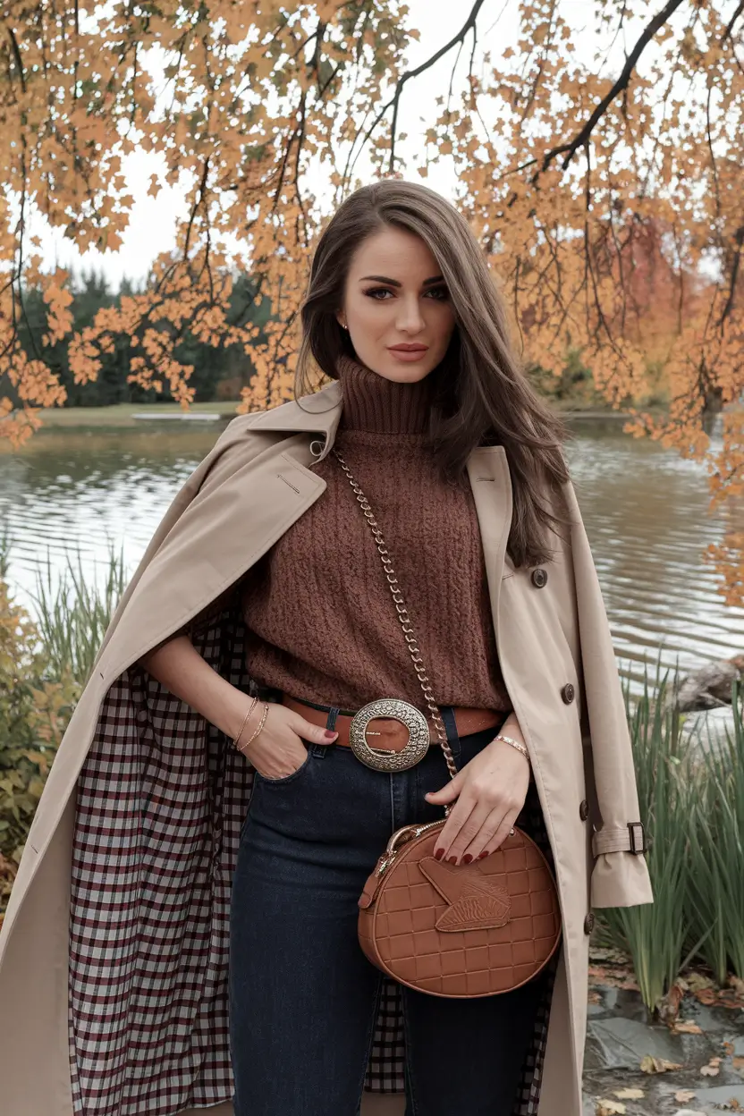 fall transition outfits ideas 2025 Trench Cape & Lakeside Cable Knit