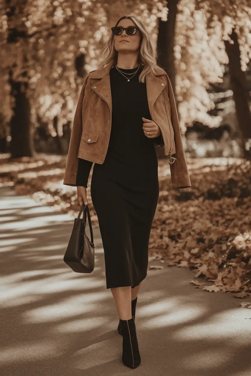fall transition outfits ideas 2025 Suede Moto & Moonlit Knit Dress