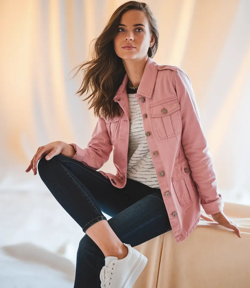 fall transition outfits ideas 2025 Striped Knit & Blush Utility Jacket