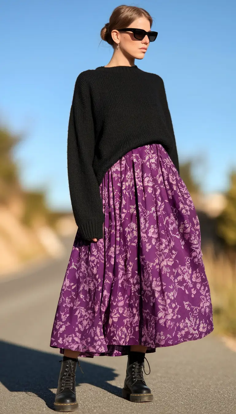 fall transition outfits ideas 2025 Grunge Romance: Black Knit & Violet Volume