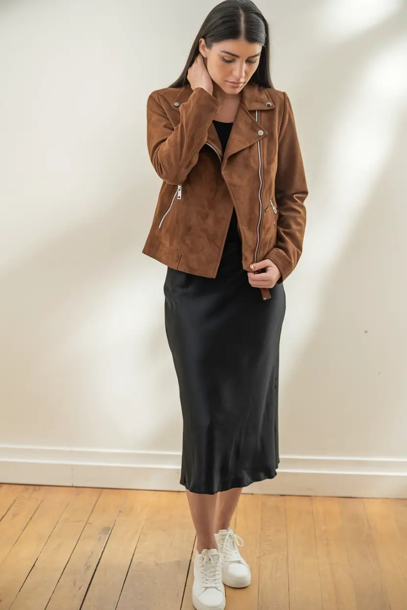 fall transition outfits ideas 2025 Slip-Dress Edge with Suede & Sneakers